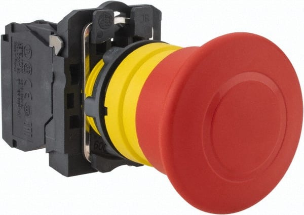 Schneider Electric - 22mm Mount Hole, Extended Mushroom Head, Pushbutton Switch Only - Round, Red Pushbutton, Nonilluminated, Trigger Action, Off, Shock and Vibration Resistant - Exact Tooling