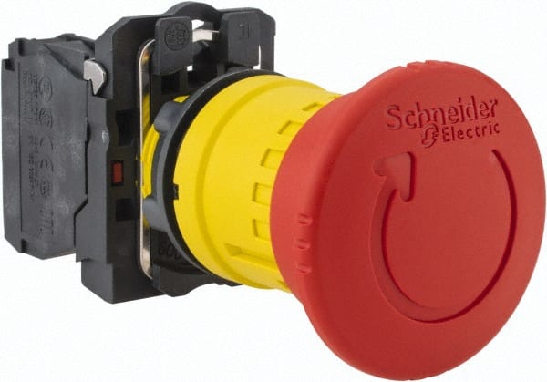 Schneider Electric - 22mm Mount Hole, Extended Mushroom Head, Pushbutton Switch Only - Round, Red Pushbutton, Nonilluminated, Maintained (MA), Off, Shock and Vibration Resistant - Exact Tooling