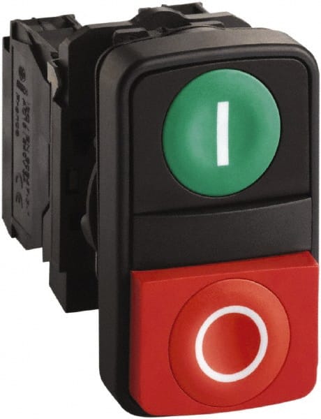 Schneider Electric - 22mm Mount Hole, Extended Straight, Flush, Pushbutton Switch Only - Rectangle, Green and Red Pushbutton, Nonilluminated, Momentary (MO), Shock and Vibration Resistant - Exact Tooling