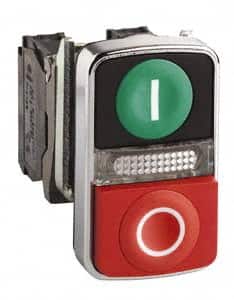 Schneider Electric - 22mm Mount Hole, Extended Straight, Flush, Pushbutton Switch Only - Rectangle, Green and Red Pushbutton, Illuminated, Momentary (MO), On-Off, Shock and Vibration Resistant - Exact Tooling