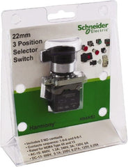 Schneider Electric - 22mm Mount Hole, 3 Position, Lever Operated, Selector Switch with Contact Blocks - Black, Maintained (MA), Nonilluminated, 1 Contact Block, 2NO - Exact Tooling
