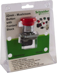 Schneider Electric - 22mm Mount Hole, Extended Mushroom Head, Pushbutton Switch with Contact Block - Round, Red Pushbutton, Nonilluminated - Exact Tooling