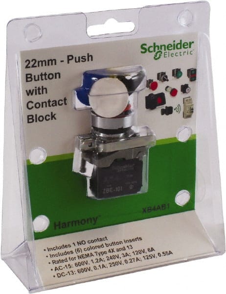 Schneider Electric - 22mm Mount Hole, Pushbutton Switch with Contact Block - Exact Tooling
