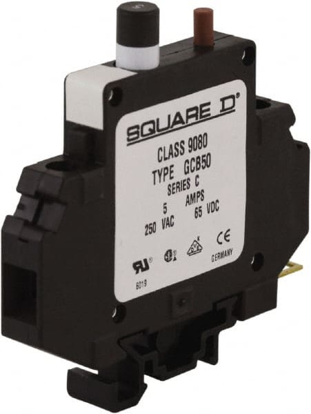 Square D - 5 Amp, 250 VAC, 65 VDC, 1 Pole, DIN Rail Mount Circuit Protector - Thermal Magnetic Trip, 16-10 AWG, 64mm Deep x 80mm High x - Exact Tooling