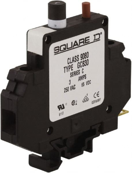 Square D - 3 Amp, 250 VAC, 65 VDC, 1 Pole, DIN Rail Mount Circuit Protector - Thermal Magnetic Trip, 16-10 AWG, 64mm Deep x 80mm High x - Exact Tooling