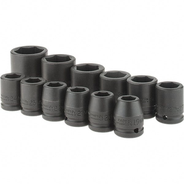 Proto - 12 Piece 3/4" Drive Black Finish Impact Socket Set - 6 Points, 19mm to 46mm Range, Metric Measurement Standard - Exact Tooling