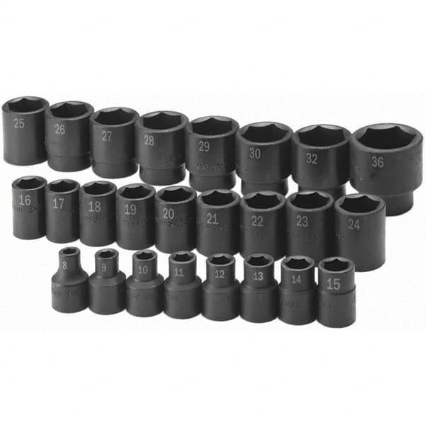 SK - 1/2" Drive Standard Impact Socket Set - 8 to 36mm, Metric Measurement Standard - Exact Tooling