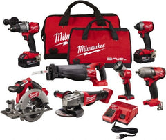Milwaukee Tool - 18 Volt Cordless Tool Combination Kit - Includes Hammer Drill, Impact Driver, Reciprocating Saw, Circular Saw, Grinder, Work Light & 1/2" Impact Wrench, Lithium-Ion Battery Included - Exact Tooling