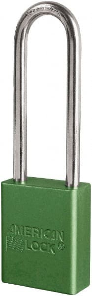 American Lock - Keyed Different Conductive Lockout Padlock - 3" Shackle Clearance, 1/4" Shackle Diam, 1.8" Body Height x 3/4" Body Width, Green, 6 Pins - Exact Tooling