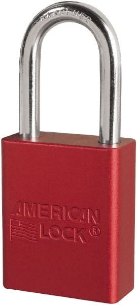 American Lock - Keyed Different Conductive Lockout Padlock - 1-1/2" Shackle Clearance, 1/4" Shackle Diam, 1.8" Body Height x 3/4" Body Width, Red, 6 Pins - Exact Tooling