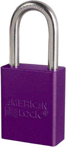 American Lock - Keyed Different Conductive Lockout Padlock - 1-1/2" Shackle Clearance, 1/4" Shackle Diam, 1.8" Body Height x 3/4" Body Width, Purple, 6 Pins - Exact Tooling