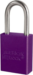 American Lock - Keyed Different Conductive Lockout Padlock - 1-1/2" Shackle Clearance, 1/4" Shackle Diam, 1.8" Body Height x 3/4" Body Width, Purple, 6 Pins - Exact Tooling