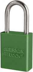 American Lock - Keyed Different Conductive Lockout Padlock - 1-1/2" Shackle Clearance, 1/4" Shackle Diam, 1.8" Body Height x 3/4" Body Width, Green, 6 Pins - Exact Tooling