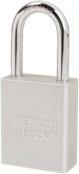 American Lock - Keyed Different Conductive Lockout Padlock - 1-1/2" Shackle Clearance, 1/4" Shackle Diam, 1.8" Body Height x 1-1/2" Body Width, Silver, 6 Pins - Exact Tooling