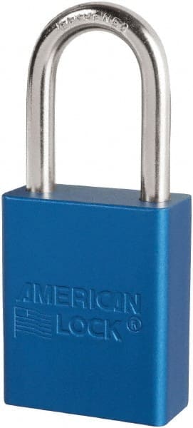 American Lock - Keyed Different Conductive Lockout Padlock - 1-1/2" Shackle Clearance, 1/4" Shackle Diam, 1.8" Body Height x 3/4" Body Width, Blue, 6 Pins - Exact Tooling