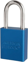 American Lock - Keyed Different Conductive Lockout Padlock - 1-1/2" Shackle Clearance, 1/4" Shackle Diam, 1.8" Body Height x 3/4" Body Width, Blue, 6 Pins - Exact Tooling