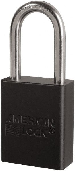 American Lock - Keyed Different Conductive Lockout Padlock - 1-1/2" Shackle Clearance, 1/4" Shackle Diam, 1.8" Body Height x 3/4" Body Width, Black, 6 Pins - Exact Tooling