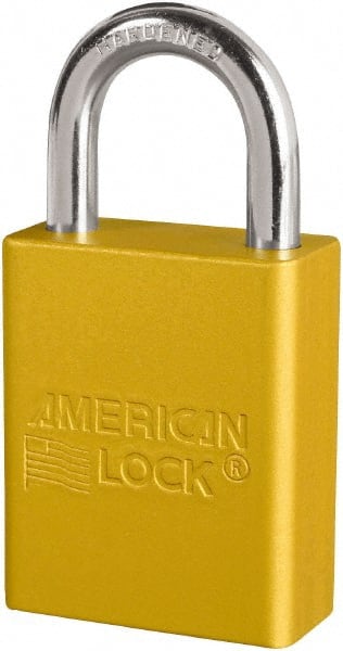American Lock - Keyed Different Conductive Lockout Padlock - 1" Shackle Clearance, 1/4" Shackle Diam, 1.8" Body Height x 3/4" Body Width, Yellow, 6 Pins - Exact Tooling