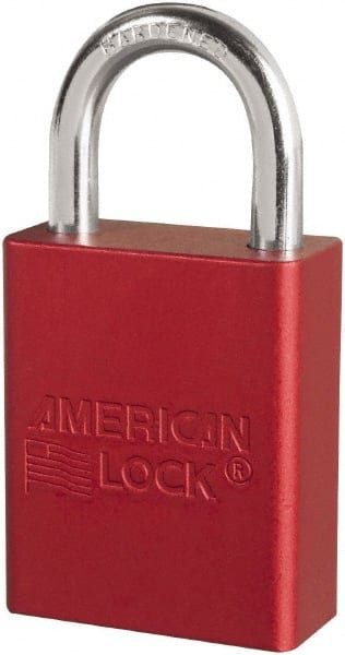 American Lock - Keyed Different Conductive Lockout Padlock - 1" Shackle Clearance, 1/4" Shackle Diam, 1.8" Body Height x 3/4" Body Width, Red, 6 Pins - Exact Tooling