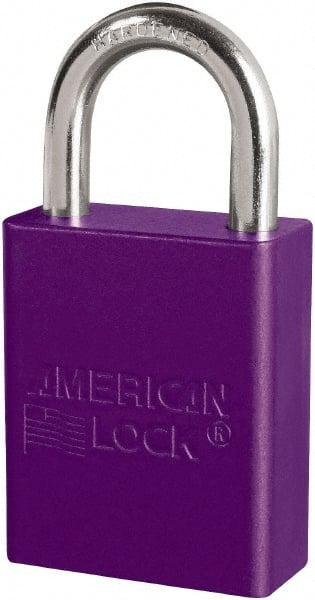 American Lock - Keyed Different Conductive Lockout Padlock - 1" Shackle Clearance, 1/4" Shackle Diam, 1.8" Body Height x 3/4" Body Width, Purple, 6 Pins - Exact Tooling