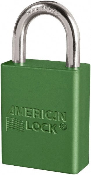 American Lock - Keyed Different Conductive Lockout Padlock - 1" Shackle Clearance, 1/4" Shackle Diam, 1.8" Body Height x 3/4" Body Width, Green, 6 Pins - Exact Tooling