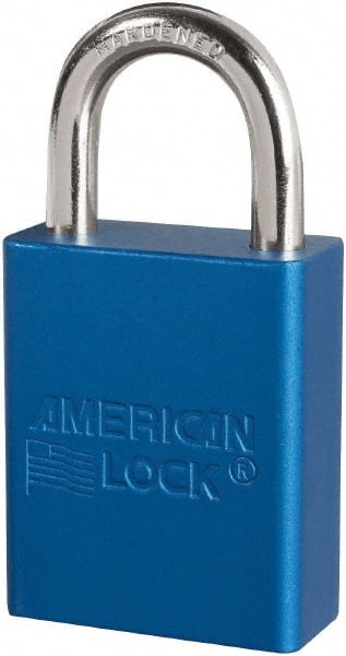 American Lock - Keyed Different Conductive Lockout Padlock - 1" Shackle Clearance, 1/4" Shackle Diam, 1.8" Body Height x 3/4" Body Width, Blue, 6 Pins - Exact Tooling