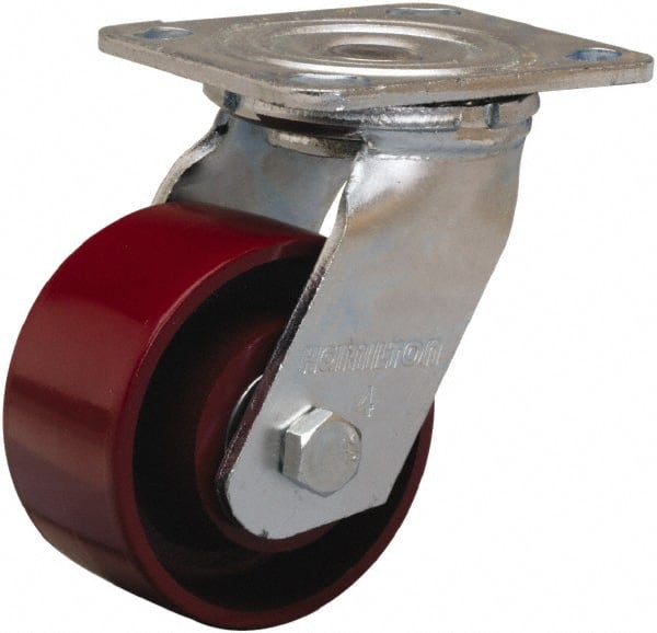 Hamilton - 4" Diam x 2" Wide x 5-5/8" OAH Top Plate Mount Swivel Caster - Cast Iron, 1,000 Lb Capacity, Precision Ball Bearing, 4 x 4-1/2" Plate - Exact Tooling