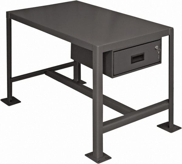 Durham - 24 Wide x 18" Deep x 36" High, Steel Machine Work Table with Drawer - Flat Top, Rounded Edge, Fixed Legs, Gray - Exact Tooling