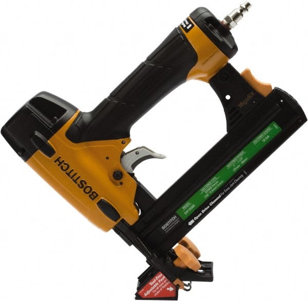 Stanley Bostitch - 1-1/2" Crown, 18 Gauge, 100 Staple Capacity Power Stapler - 1/4" Inlet, 70 to 120 psi Air Pressure, Includes Carrying Case, 2 Standard No-Mar Tips & Installation Block - Exact Tooling