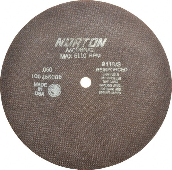 Norton - 10" 60 Grit Aluminum Oxide Cutoff Wheel - 0.06" Thick, 5/8" Arbor, 6,110 Max RPM, Use with Stationary Grinders - Exact Tooling
