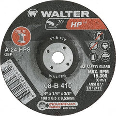 WALTER Surface Technologies - 24 Grit, 4" Wheel Diam, 1/4" Wheel Thickness, 3/8" Arbor Hole, Type 27 Depressed Center Wheel - Aluminum Oxide, Resinoid Bond, 15,000 Max RPM - Exact Tooling