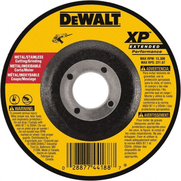 DeWALT - 24 Grit, 5" Wheel Diam, 1/8" Wheel Thickness, 7/8" Arbor Hole, Type 27 Depressed Center Wheel - Zirconia Alumina, Resinoid Bond, 12,200 Max RPM, Compatible with Angle Grinder - Exact Tooling