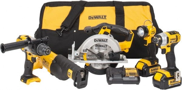 DeWALT - 5 Piece 20 Volt Cordless Tool Combination Kit - Includes 1/2" Hammerdrill, 1/4" Impact Driver, Reciprocating Saw, 6-1/2" Circular Saw & LED Worklight, Lithium-Ion Battery Included - Exact Tooling