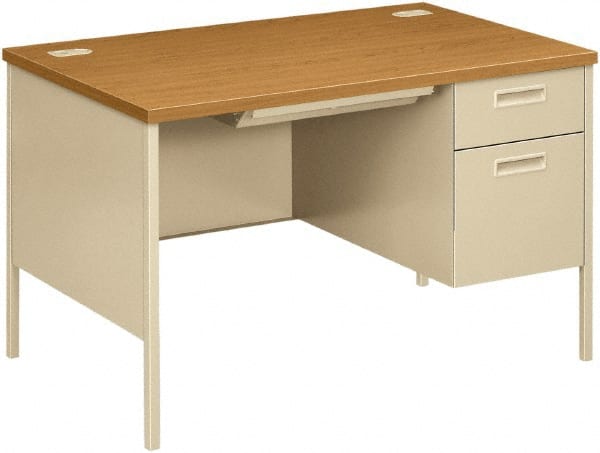 Hon - Laminate/Metal Right Pedestal Desk with Center Drawer - 48" Wide x 30" Deep x 29" High, Harvest/Putty - Exact Tooling