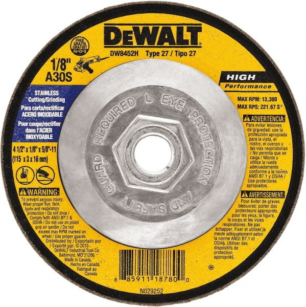 DeWALT - 30 Grit, 4-1/2" Wheel Diam, 1/8" Wheel Thickness, Type 27 Depressed Center Wheel - Aluminum Oxide, 13,300 Max RPM, Compatible with Angle Grinder - Exact Tooling