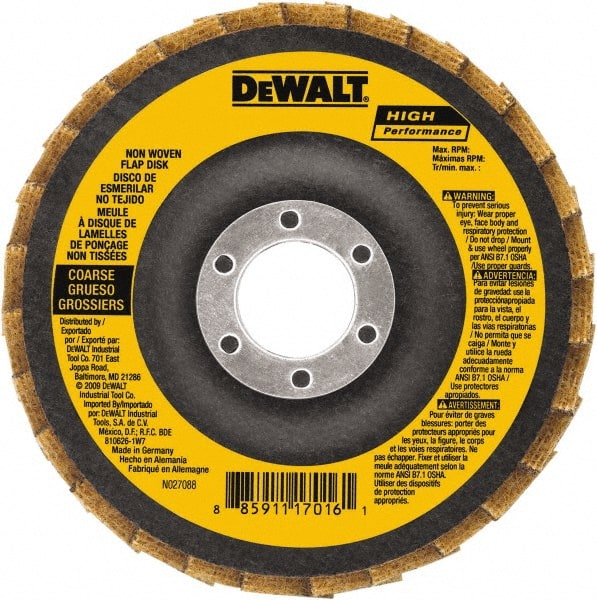 DeWALT - 40 Grit, 4-1/2" Disc Diam, 5/8-11 Center Hole, Type 27 Aluminum Oxide Flap Disc - 13,300 Max RPM, Fiberglass Backing, Arbor Attaching System, Non-Woven - Exact Tooling