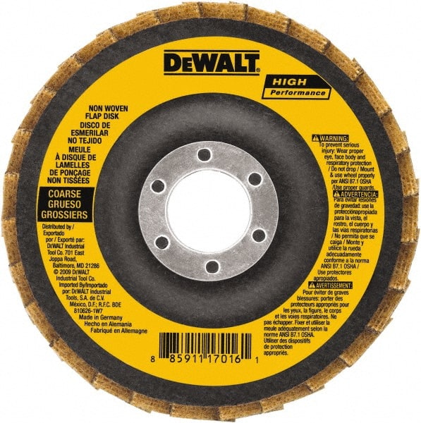 DeWALT - 100 Grit, 4-1/2" Disc Diam, 7/8" Center Hole, Type 27 Aluminum Oxide Flap Disc - 13,300 Max RPM, Fiberglass Backing, Arbor Attaching System, Non-Woven - Exact Tooling