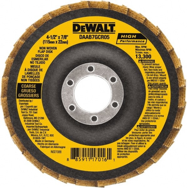 DeWALT - 40 Grit, 4-1/2" Disc Diam, 7/8" Center Hole, Type 27 Aluminum Oxide Flap Disc - 13,300 Max RPM, Fiberglass Backing, Arbor Attaching System, Non-Woven - Exact Tooling