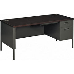 Hon - Plastic Laminated Top Single Pedestal with Right Hand Return Desk with Center Drawer - 66" Wide x 30" Deep x 29-1/2" High, Mahogany/Charcoal - Exact Tooling