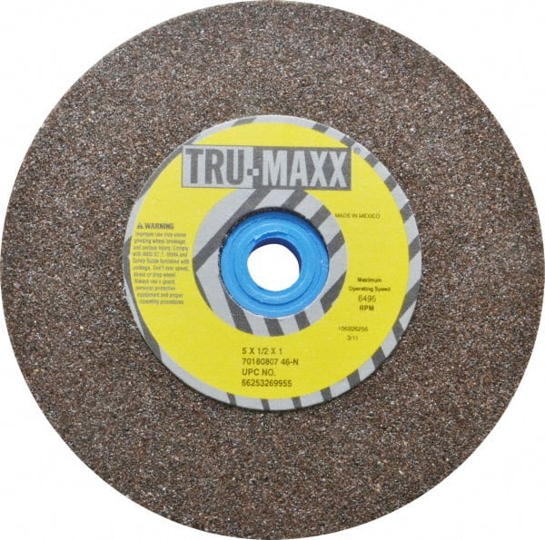 Tru-Maxx - 60 Grit Aluminum Oxide Bench & Pedestal Grinding Wheel - 5" Diam x 1" Hole x 1/2" Thick, 6495 Max RPM, O Hardness, Medium Grade , Vitrified Bond - Exact Tooling