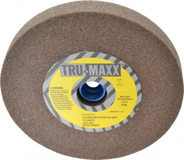 Tru-Maxx - 60 Grit Aluminum Oxide Bench & Pedestal Grinding Wheel - 6" Diam x 1" Hole x 3/4" Thick, 5410 Max RPM, O Hardness, Medium Grade , Vitrified Bond - Exact Tooling