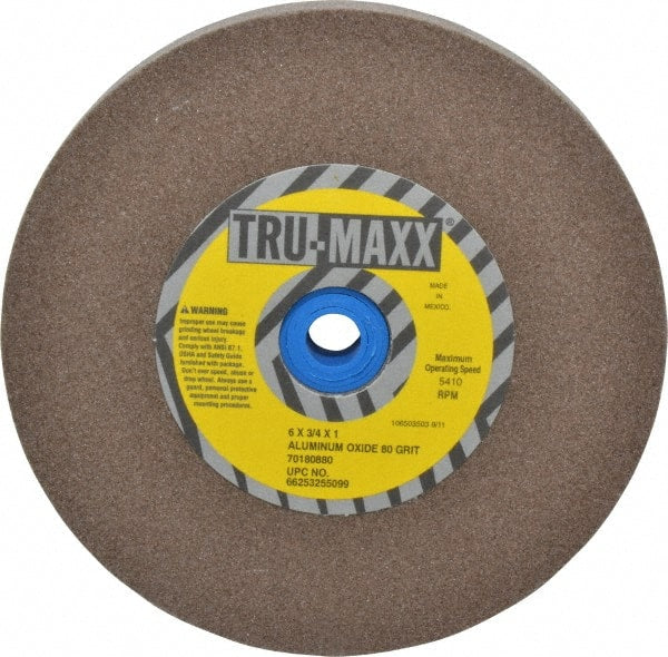 Tru-Maxx - 80 Grit Aluminum Oxide Bench & Pedestal Grinding Wheel - 6" Diam x 1" Hole x 3/4" Thick, 5410 Max RPM, O Hardness, Medium Grade , Vitrified Bond - Exact Tooling
