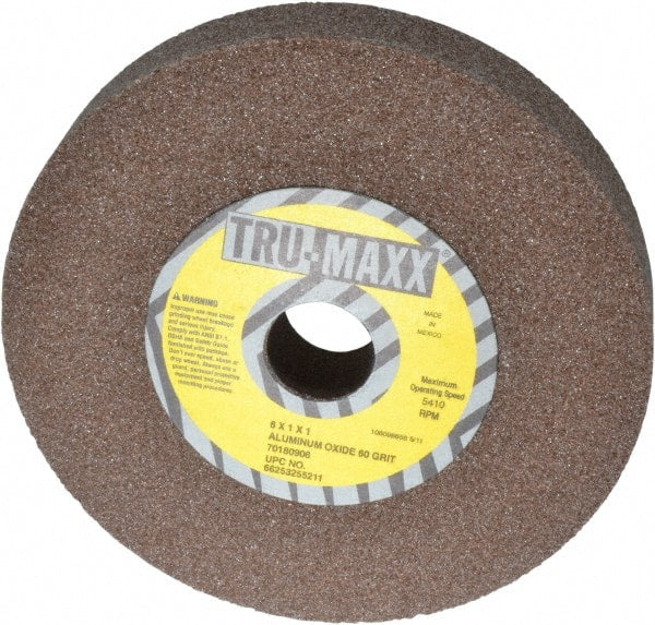 Tru-Maxx - 60 Grit Aluminum Oxide Bench & Pedestal Grinding Wheel - 6" Diam x 1" Hole x 1" Thick, 5410 Max RPM, O Hardness, Medium Grade , Vitrified Bond - Exact Tooling