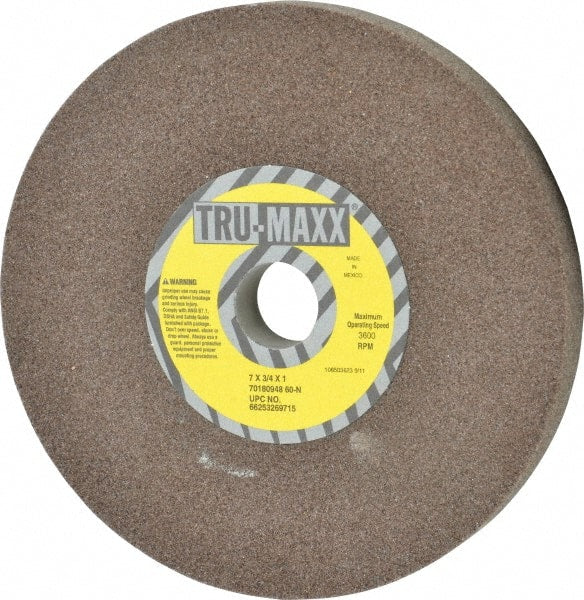 Tru-Maxx - 60 Grit Aluminum Oxide Bench & Pedestal Grinding Wheel - 7" Diam x 1" Hole x 3/4" Thick, 3600 Max RPM, O Hardness, Medium Grade , Vitrified Bond - Exact Tooling