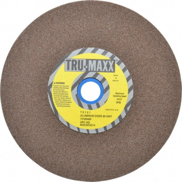 Tru-Maxx - 60 Grit Aluminum Oxide Bench & Pedestal Grinding Wheel - 7" Diam x 1" Hole x 1" Thick, 3600 Max RPM, O Hardness, Medium Grade , Vitrified Bond - Exact Tooling