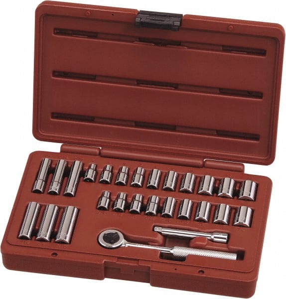 Paramount - 27 Piece 1/4" Drive Chrome Vanadium Finish Deep Well Socket Set - 6, 12 Points, 3/16" to 1/2" (4mm to 13mm) Range, Inch/Metric Measurement Standard - Exact Tooling