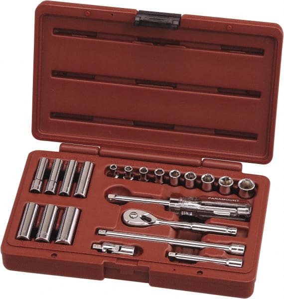 Paramount - 21 Piece 1/4" Drive Chrome Vanadium Finish Deep Well Socket Set - 6 Points, 3/16" to 1/2" Range, Inch Measurement Standard - Exact Tooling