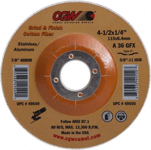 Camel Grinding Wheels - 36 Grit, 4-1/2" Wheel Diam, 1/4" Wheel Thickness, 7/8" Arbor Hole, Type 27 Depressed Center Wheel - Medium Grade, Aluminum Oxide, 13,300 Max RPM - Exact Tooling