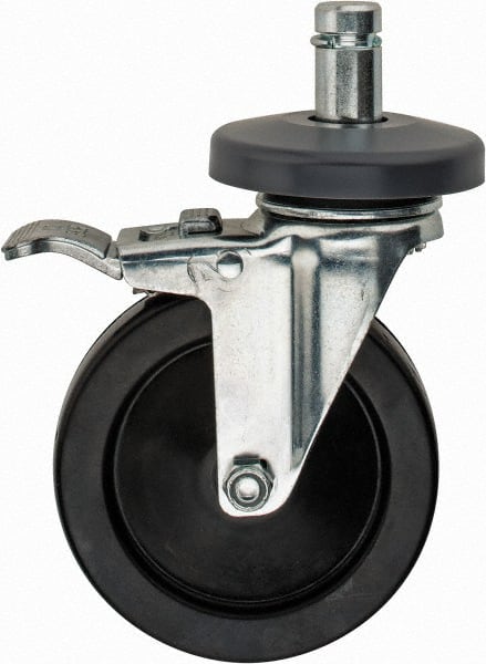 Value Collection - 5" Diam x 1-1/4" Wide, Hard Rubber Swivel with Brake Caster - 200 Lb Capacity, Plain Stem Mount - Exact Tooling
