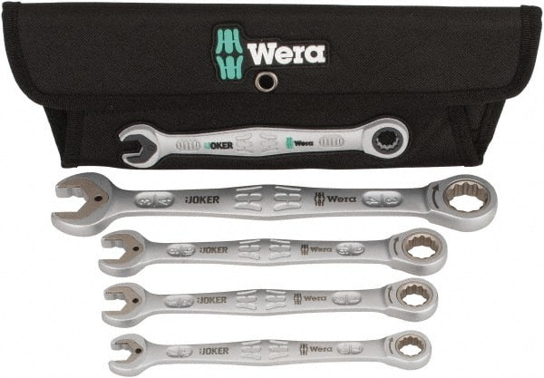 Wera - 4 Piece, 7/16" to 3/4", 12 Point Combination Wrench Set - Inch Measurement Standard, Satin Finish, Comes in Cordura Nylon Roll - Exact Tooling